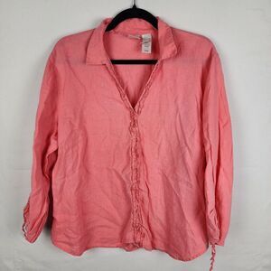 Emma James Pink Frilly Linen Blouse Rouched Sleeves Size 16 Plus Coastal Beachy